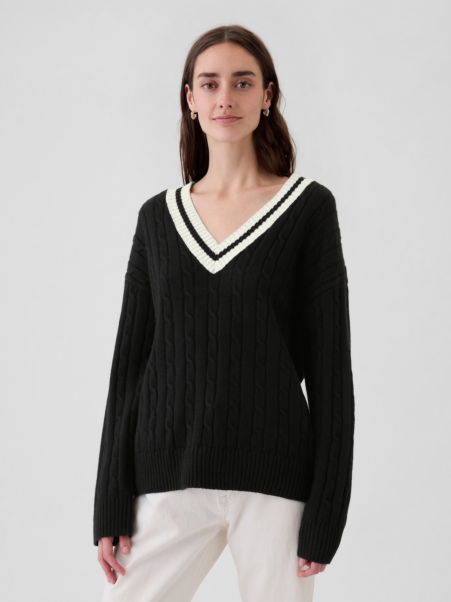 CashSoft Varsity Cable-Knit Sweater