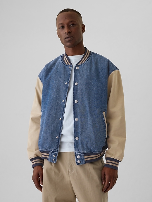 Image number 1 showing, Denim Varsity Jacket