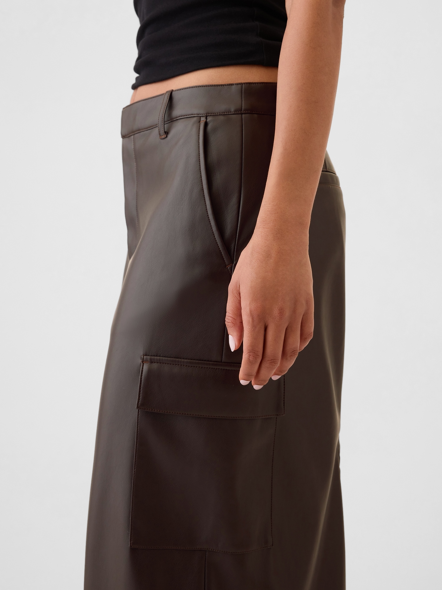 Vegan Leather Cargo Midi Skirt