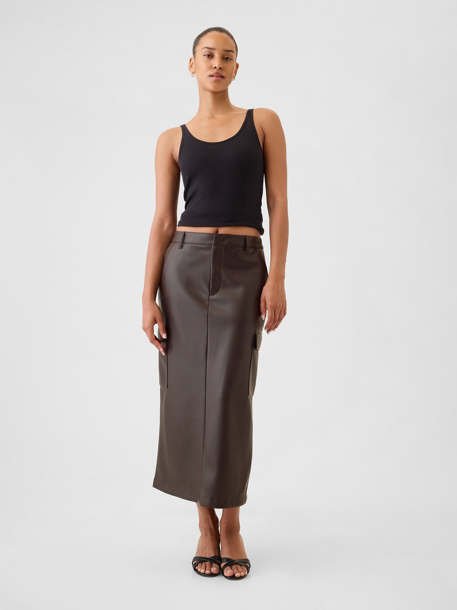 Women s Vegan Leather Cargo Midi Skirt by Gap Brown Size 8