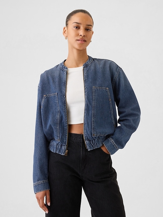 Image number 1 showing, UltraSoft Denim Cropped Bomber Jacket