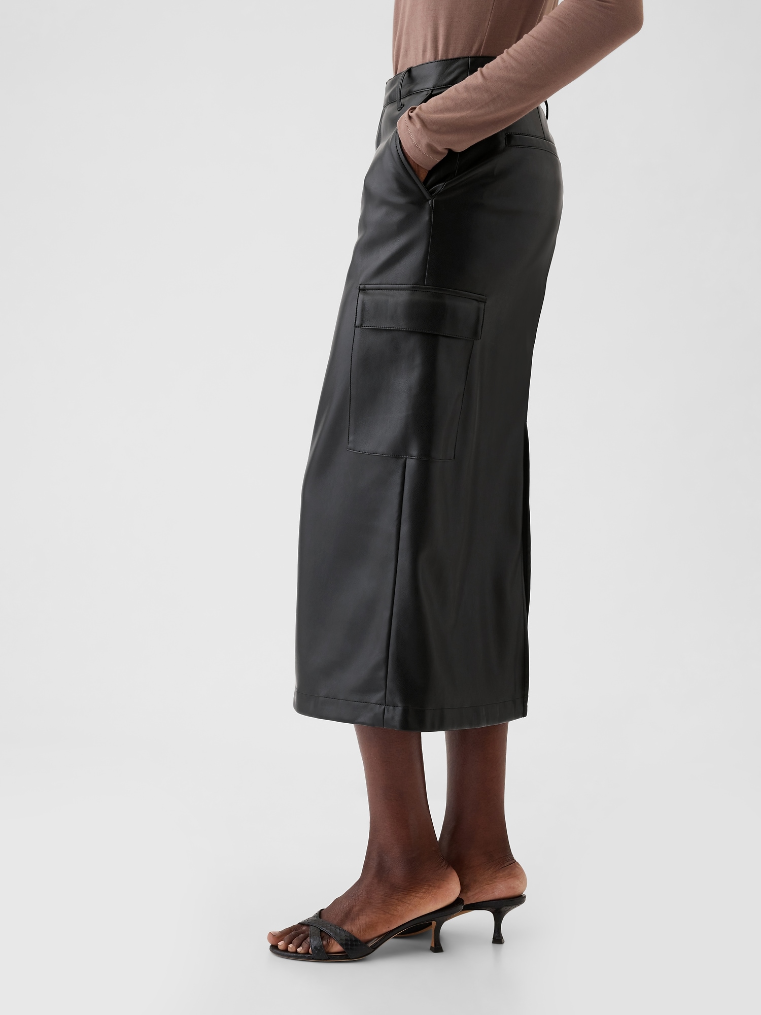 Vegan Leather Cargo Midi Skirt