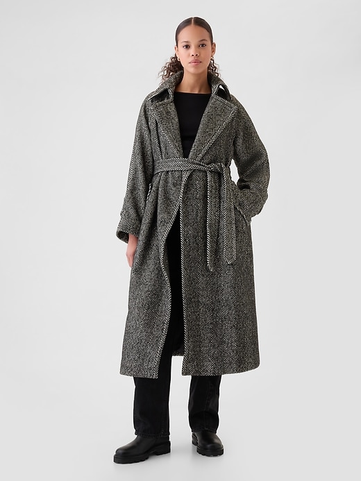 Image number 3 showing, Double-Breasted Herringbone Belted Trench Coat