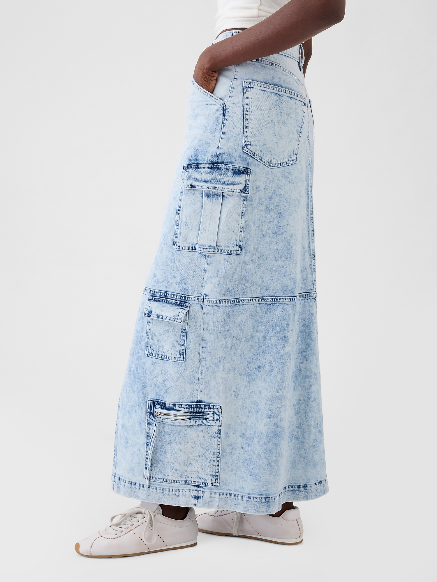 Denim Double Cargo Maxi Skirt