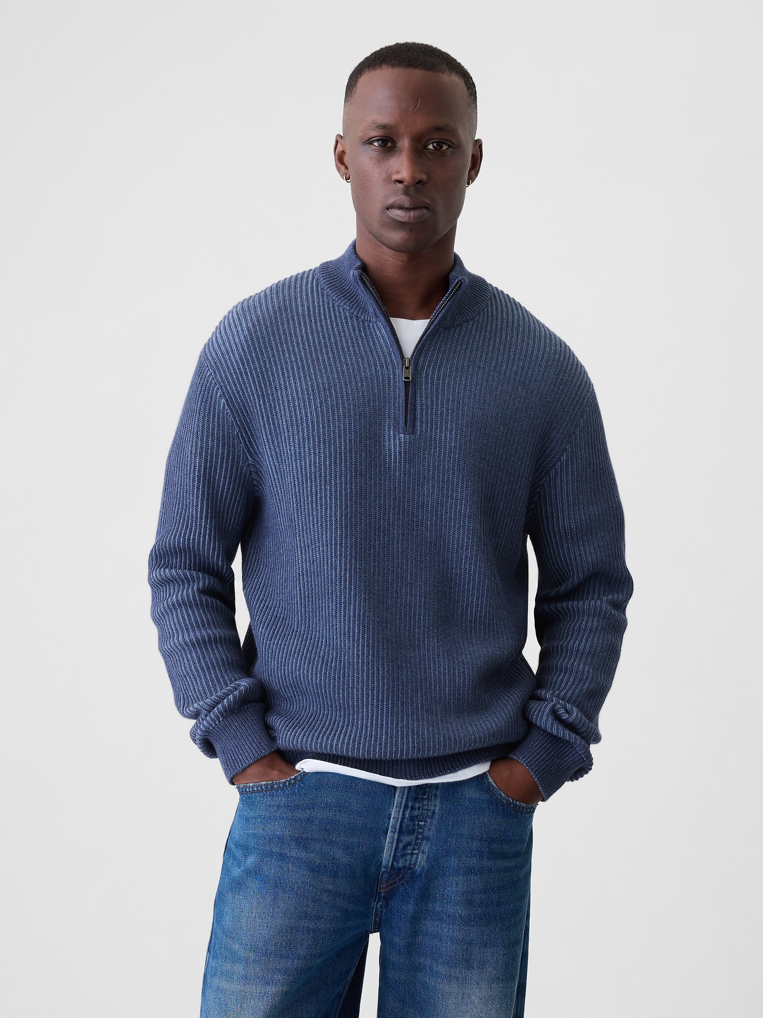 Men s Quarter Zip Plaited Knit Pullover Sweater by Gap Blue Size M