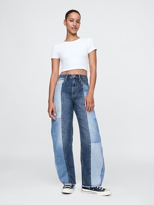 Image number 1 showing, High Rise Patchwork Barrel Jeans