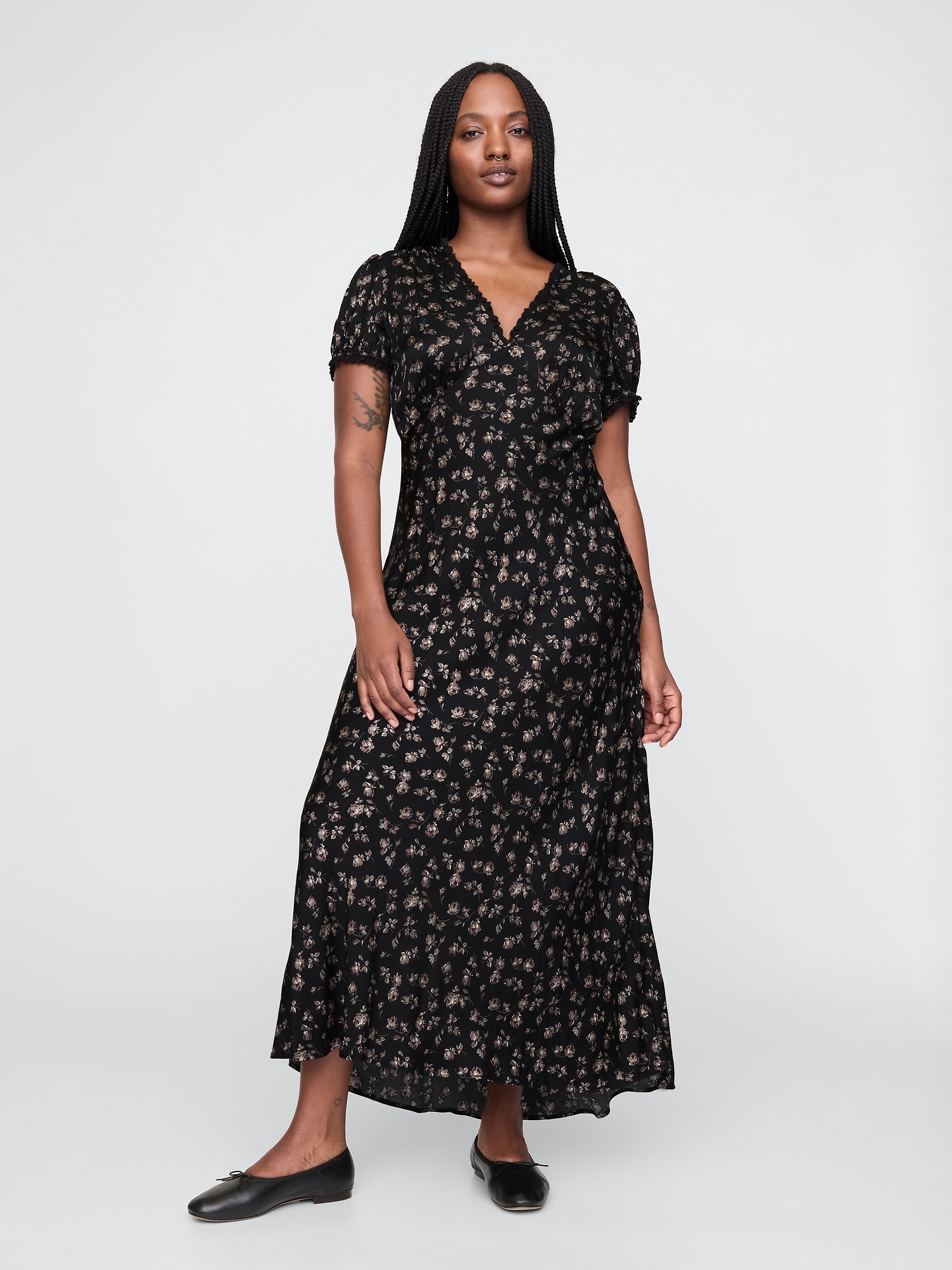 Satin Lace-Trim Floral Maxi Dress