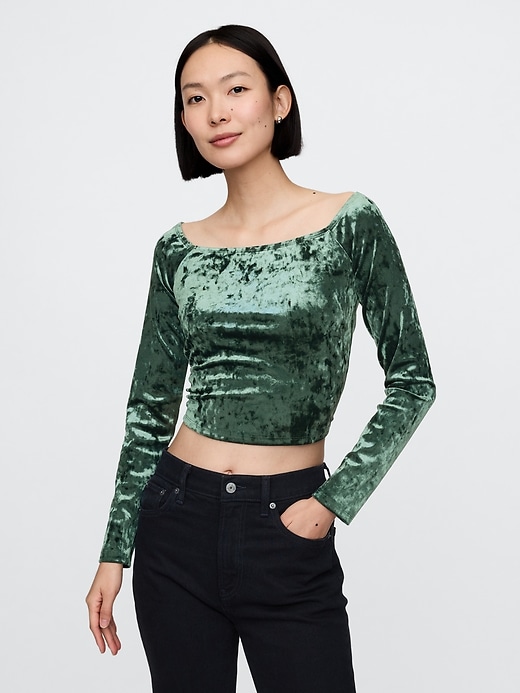 Image number 1 showing, Cropped Velvet Off-Shoulder Top