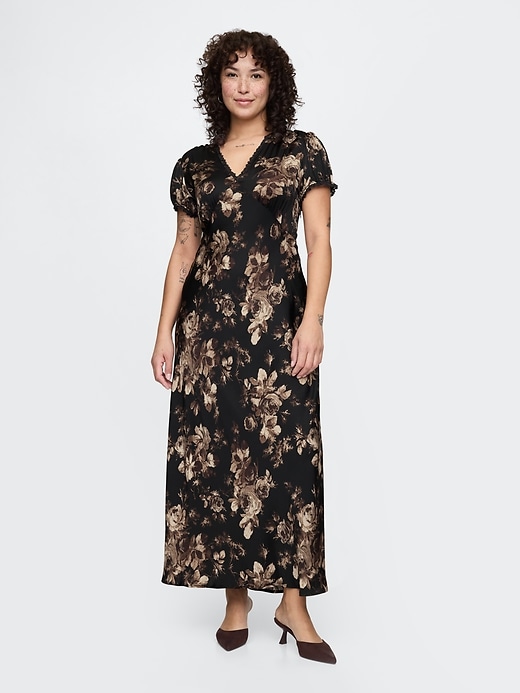 Image number 5 showing, Satin Lace-Trim Floral Maxi Dress