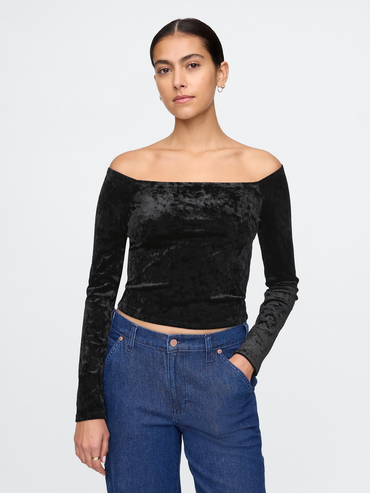 Cropped Velvet Off-Shoulder Top