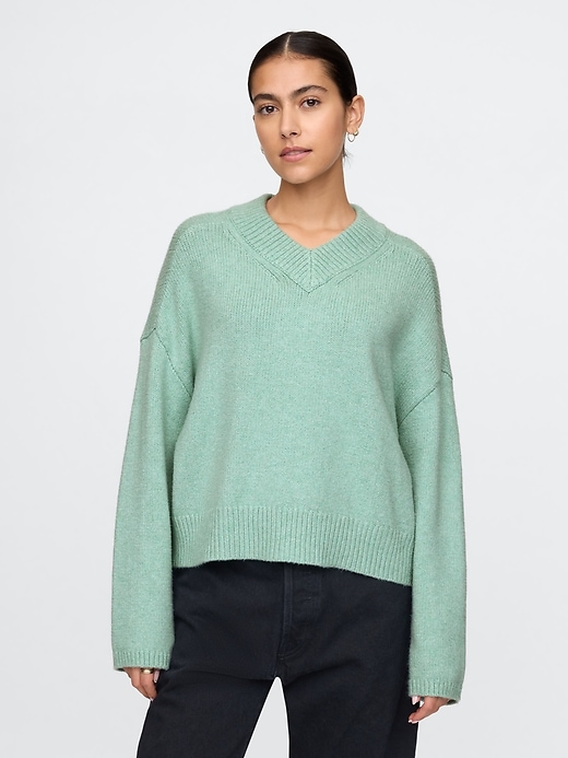 Image number 1 showing, CashSoft Cropped High V-Neck Sweater