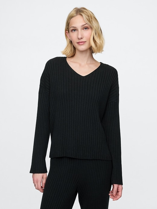 Image number 1 showing, CashSoft Wide Rib V-Neck Sweater