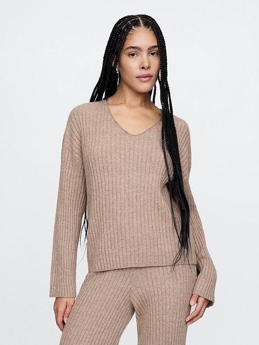 Image number 1 showing, CashSoft Wide Rib V-Neck Sweater