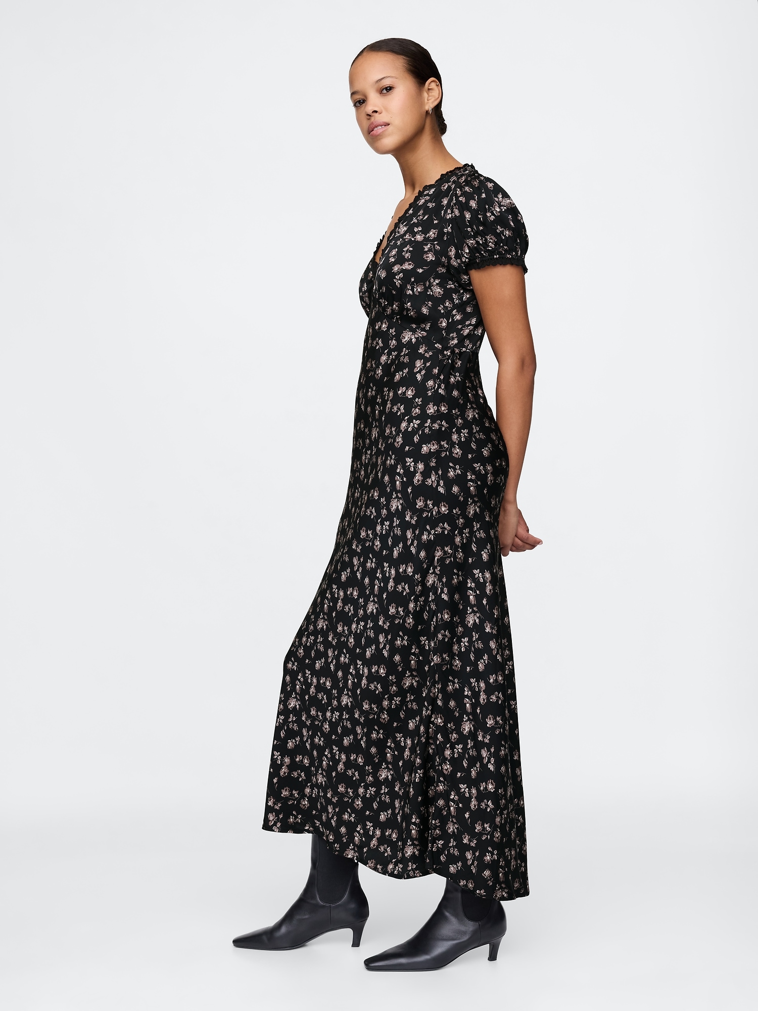 Satin Lace-Trim Floral Maxi Dress