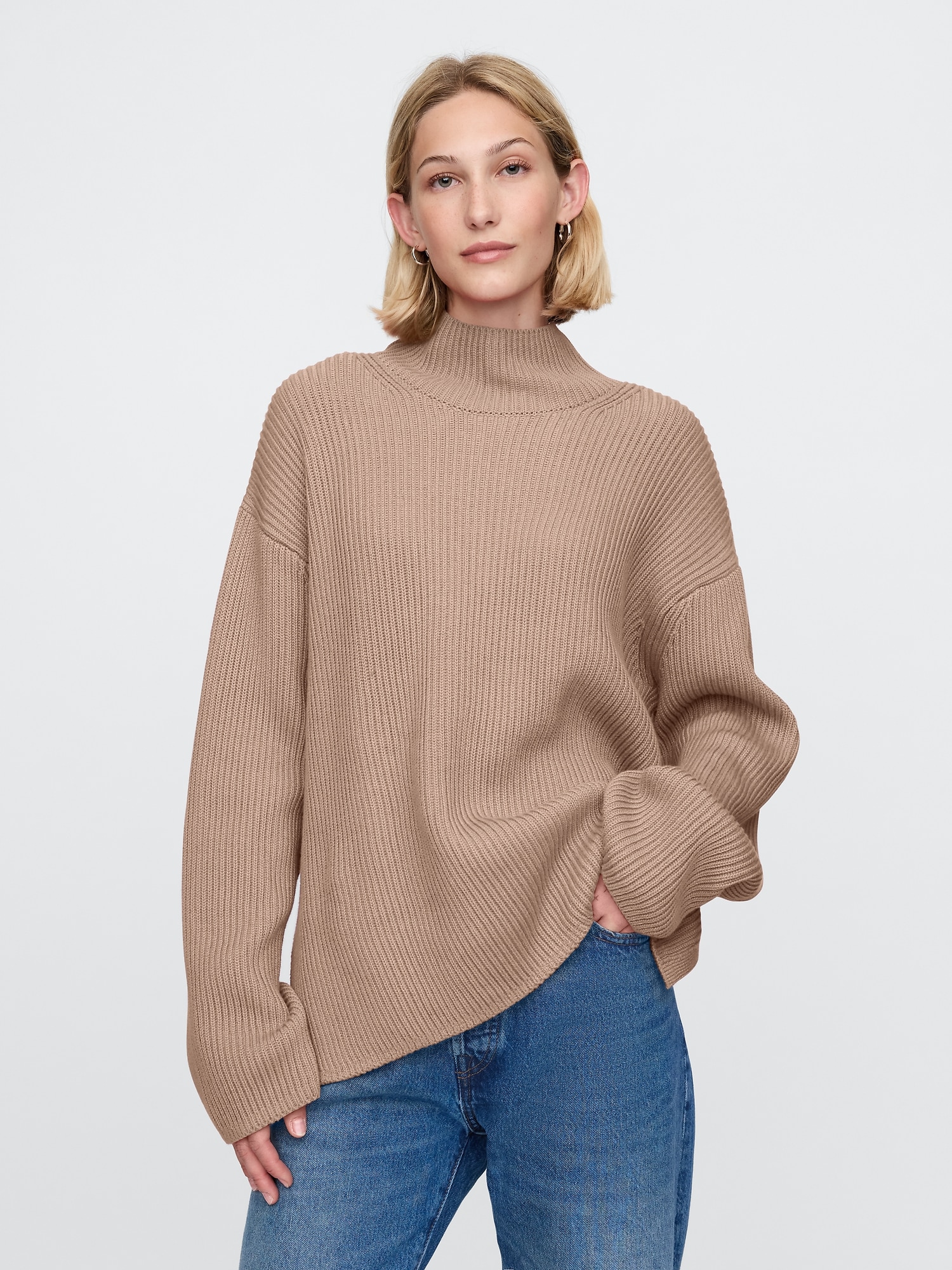 Oversized Split-Hem Mockneck Sweater