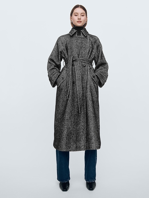 Image number 6 showing, Double-Breasted Herringbone Belted Trench Coat