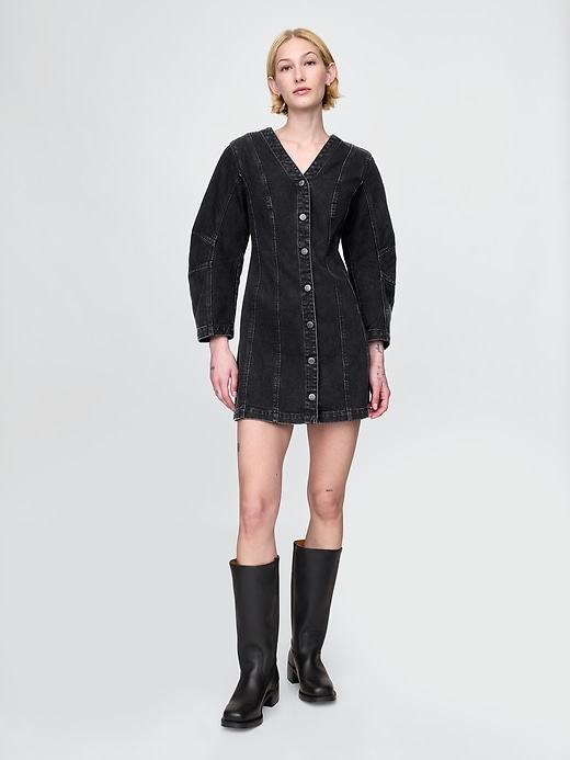 Image number 1 showing, Barrel-Sleeve Denim Mini Dress