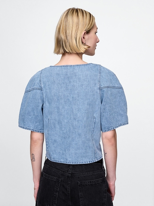 Image number 2 showing, Cropped Puff-Sleeve Denim Shirt