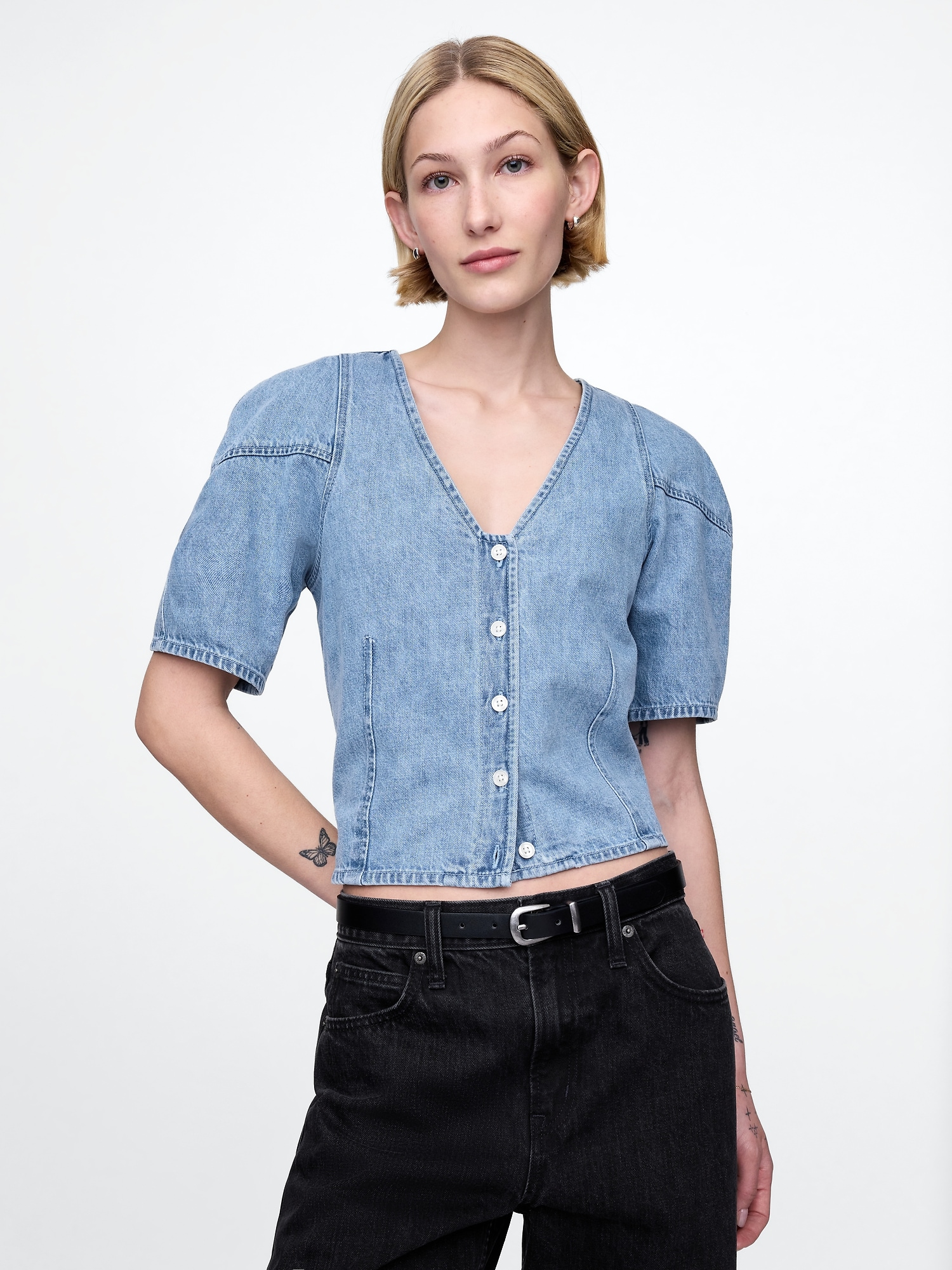 Cropped Puff-Sleeve Denim Shirt