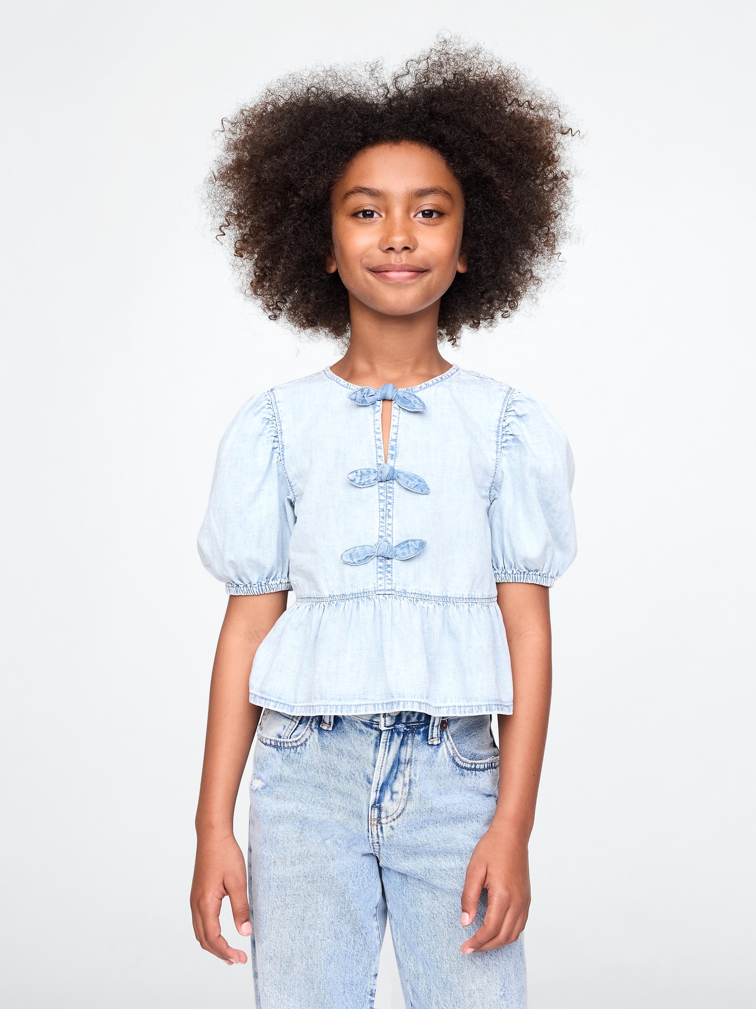 Kids Puff-Sleeve Denim Peplum Shirt