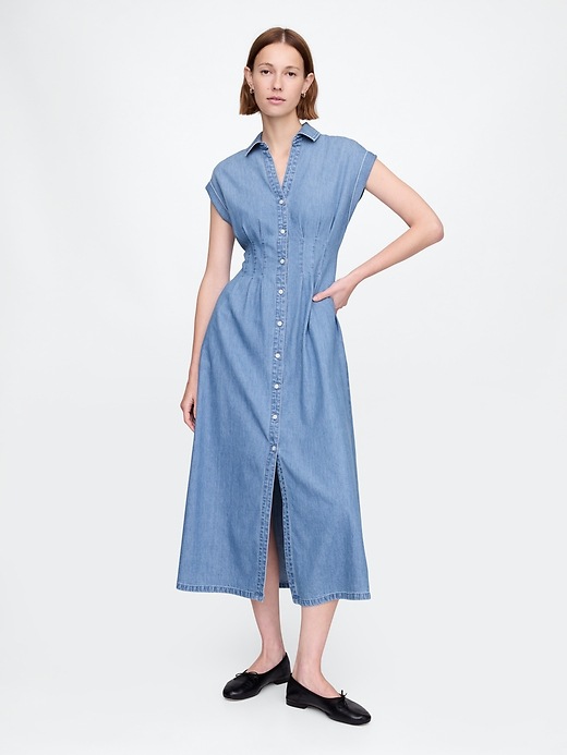 Image number 1 showing, Denim Pleated Maxi Shirtdress