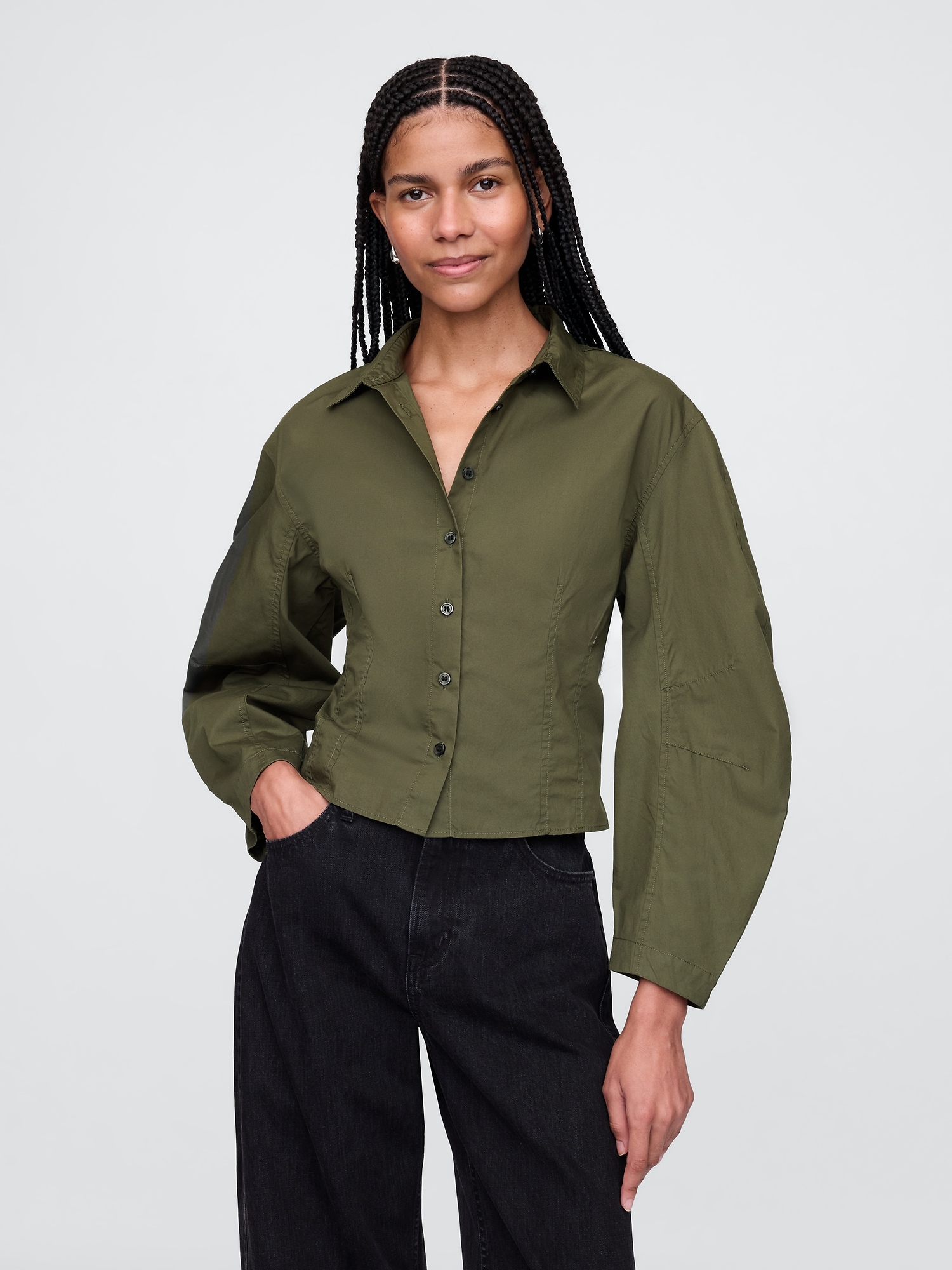 Organic Cotton Poplin Barrel-Sleeve Cropped Shirt